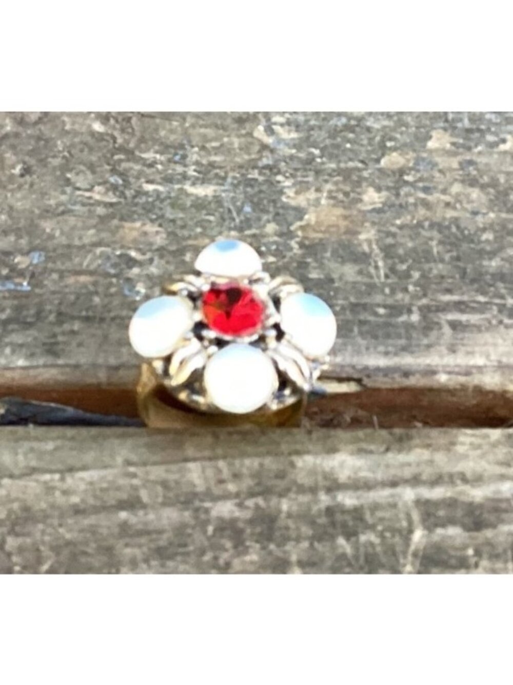 Vintage Ornate Faux Opal and Red Rhinestone Gold Tone Adjustable Cocktail Ring - Picture 4 of 7